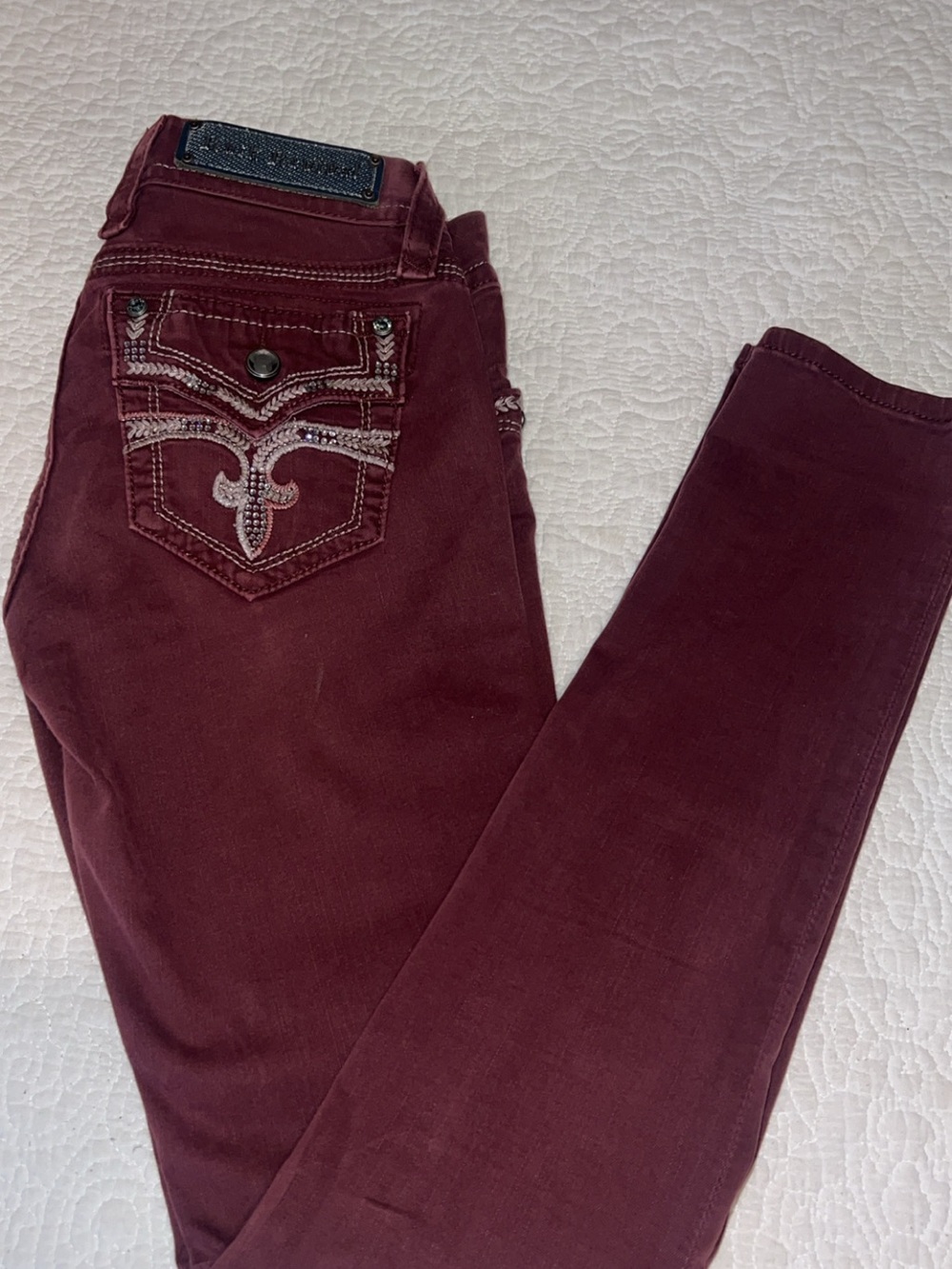 Rock Revival Women's Burgundy Skinny Jeans with Embroidered Back Pockets